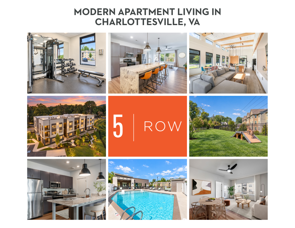 Collage of photos showcasing apartment community, 5 Row Apartments, in Charlottesville Virginia